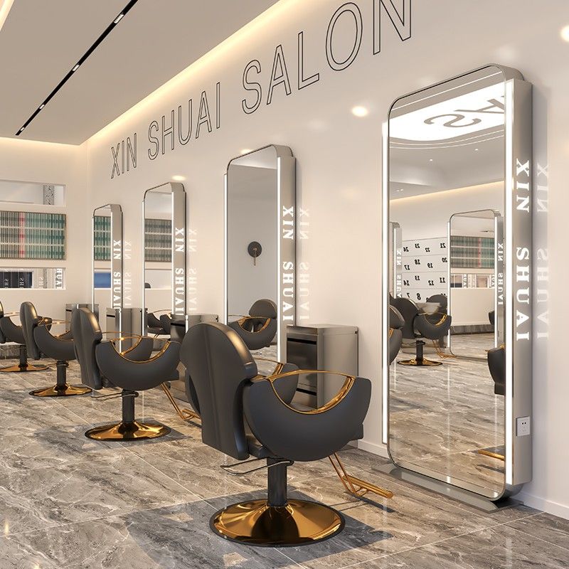 理发店镜子带插座美发店单面镜台发廊专用带灯不锈钢落地剪发镜