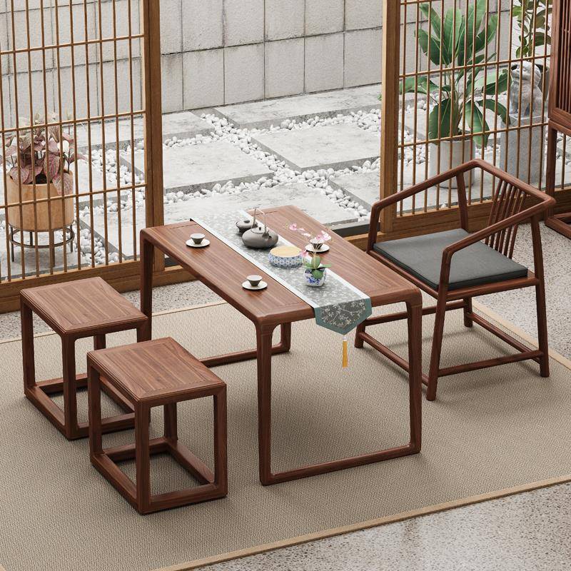 禅意阳台茶桌新中式茶几老榆木书桌小户型桌椅组合简约泡茶台家用