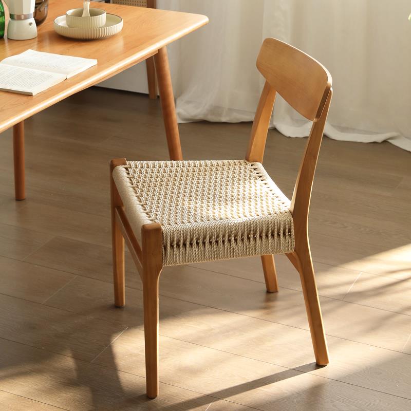 日式原实木绳编餐桌椅侘寂风家用樱桃中复古藤编织靠背书桌茶凳子