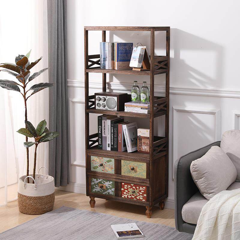 简约实木复古书架落地多层置物架简易靠墙客厅收纳书柜阳台储物架