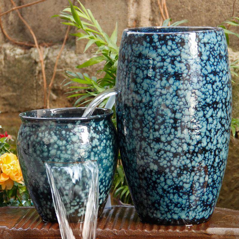 古法养鱼大号复古流水瀑布水培花盆陶瓷流水罐高筒鱼缸循环过滤器