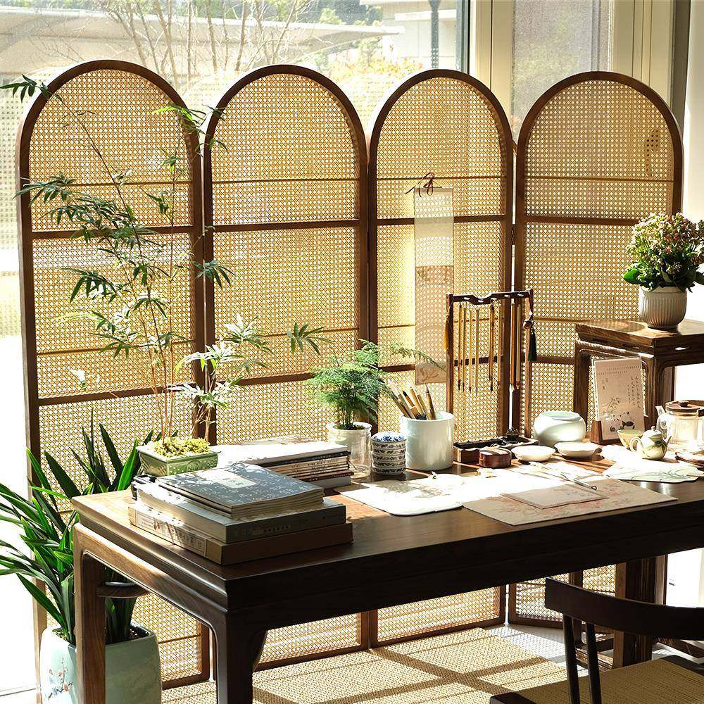 中式客厅折叠藤编屏风侘寂玄关复古隔断法式卧室遮挡移动置物书架