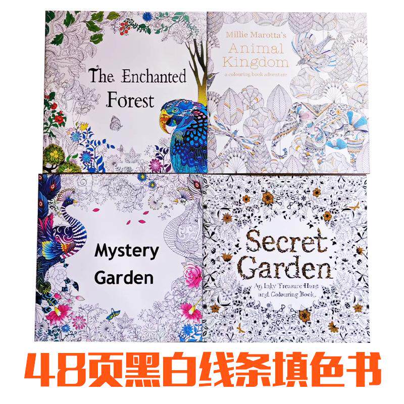 跨境英文版花园黑白解压涂色书成人款大尺寸48页涂鸦画手绘填色本
