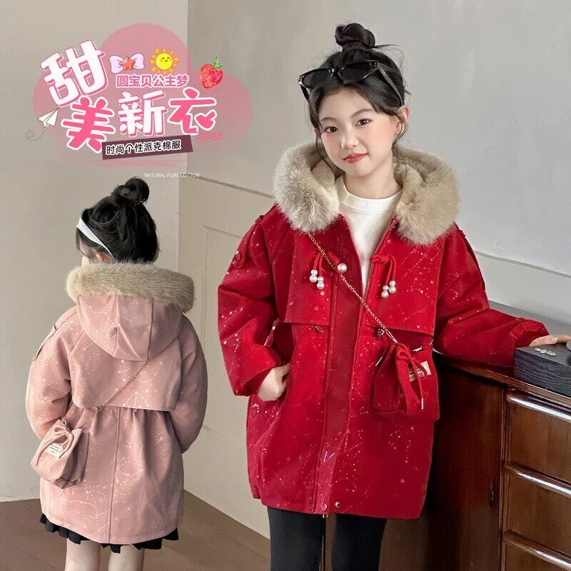 女童红色加绒皮外套冬装大童收腰派克服过年穿仿皮草棉服加厚皮衣