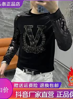 Cloud轻奢2号店男士金丝绒烫钻烫金小衫圆领黑色长袖vT恤衫打底衫