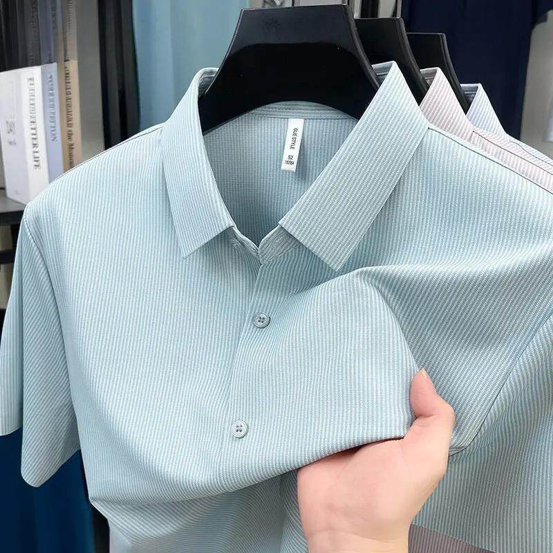 仕咖服装Amphelisia夏男士短袖衬衫冰丝凉感商务条纹衬衣薄款免烫