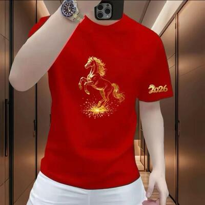 悦购潮流服装260克重磅马年新款男女款骏马印花纯棉短袖T恤男上衣