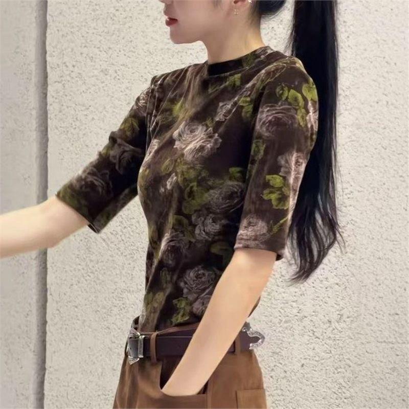 专柜正品】时髦美拉德风花卉印花女士五分袖立领丝绒弹力修身洋气