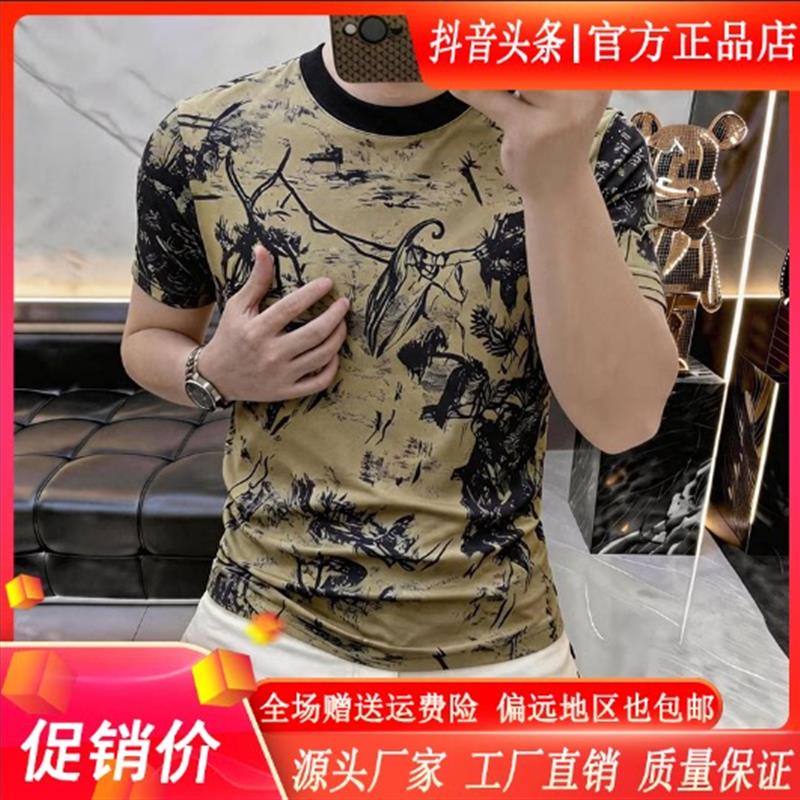 鹏然轻奢男装夏季水墨画印花圆领短袖男士修身显瘦休闲百搭T恤