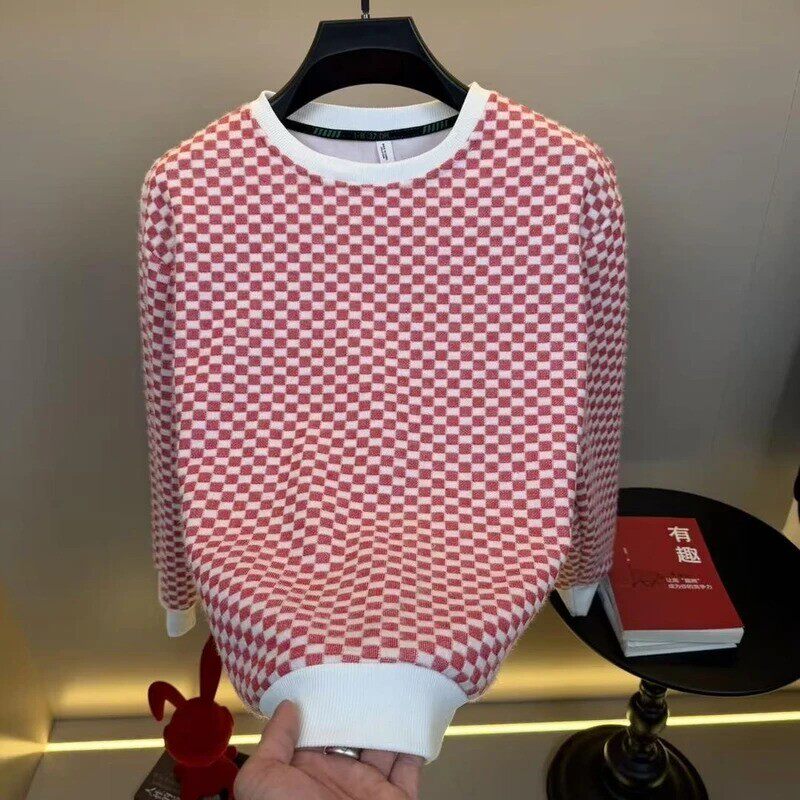 物美优男装高档休闲设计秋冬季上衣撞色方格子卫衣男士圆领内搭衣