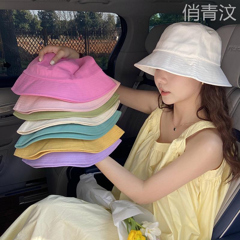 夏日女款多巴胺韩版糖果色渔夫帽纯色防晒水桶帽薄款气质遮阳帽子