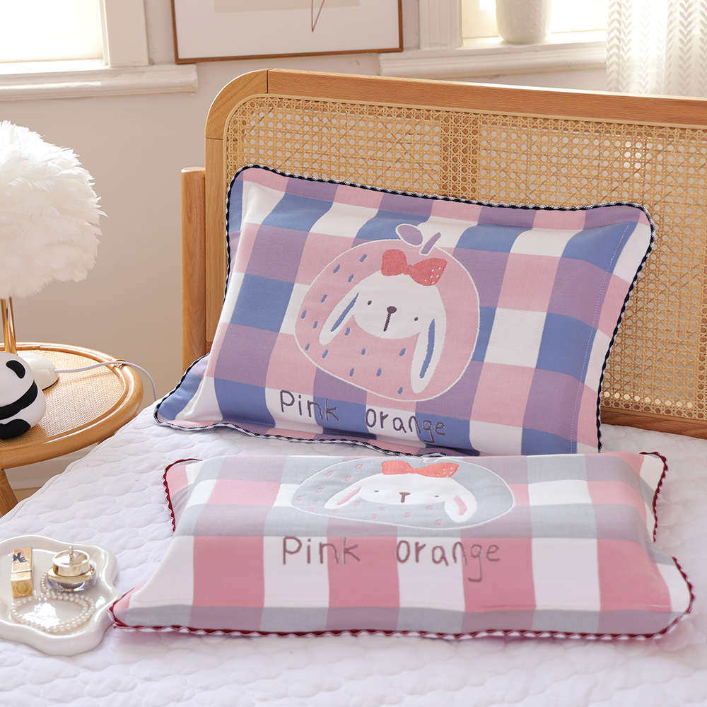 纯棉纱布儿童枕套新款柔软透气吸汗格子枕头套家用全棉枕芯内胆套