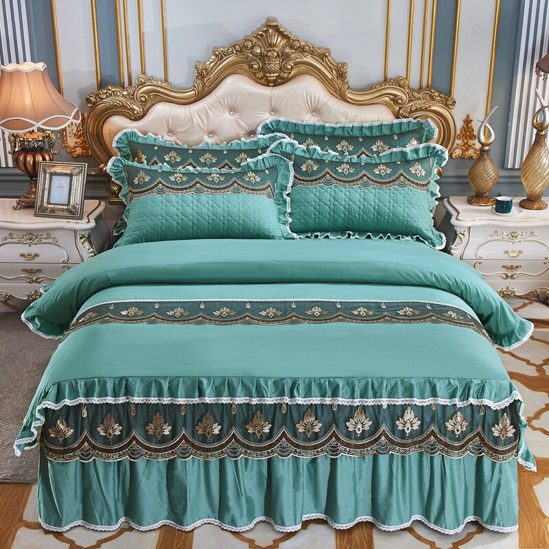 纯棉加厚被套四件套床裙款夹棉1.8公主风蕾丝双人2.0床罩床单婚庆