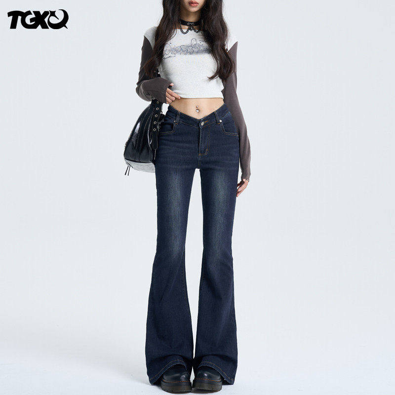 TGXQ微喇牛仔裤女2026年新款时尚潮流v腰辣妹美式复古低腰喇叭裤