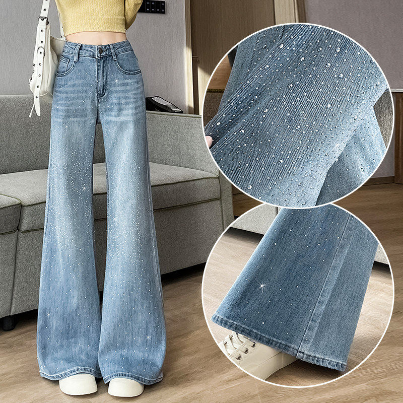 超火浅色闪钻阔腿牛仔裤女2026春季加绒新款爆款满天星大喇叭裤子