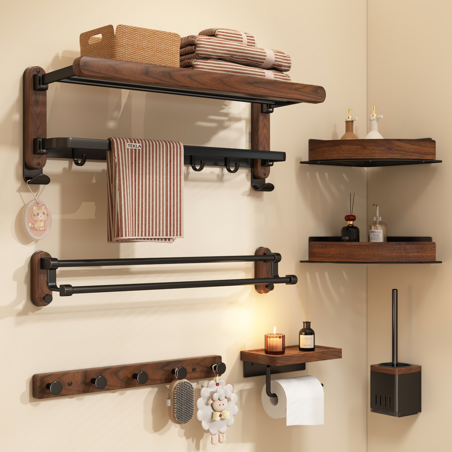 【热销】九牧德国YOUQIN胡桃木毛巾架免打孔卫生间浴巾架子厕所挂