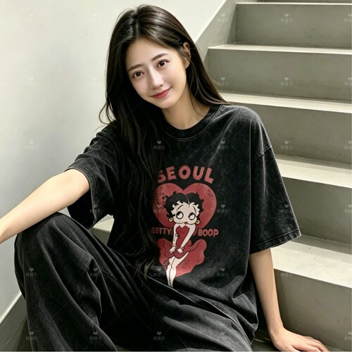 贝蒂夏季卡通印花宽松百搭T恤
