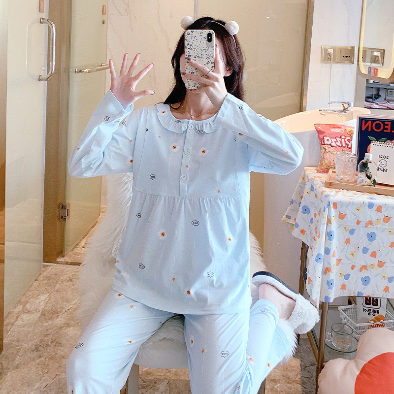 夏季女士纯棉睡衣月子服家居服开衫圆领长袖长裤孕妇哺乳喂奶套装