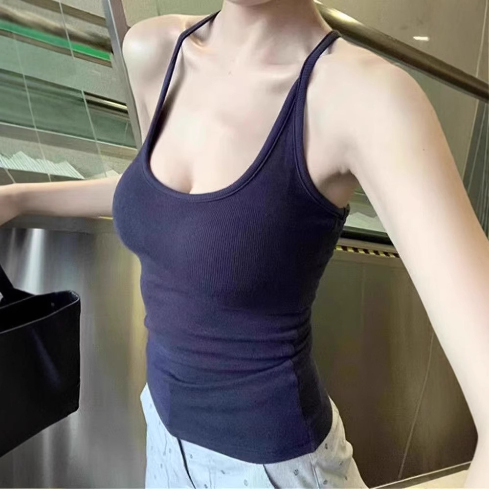 新款挂脖遮副乳带胸垫吊带背心女夏外穿内搭打底修身收腰美背上衣