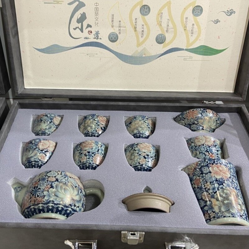 京隆堂汝窑茶壶功夫繁花似锦茶具家用开片可养轻奢整套盖碗茶高档