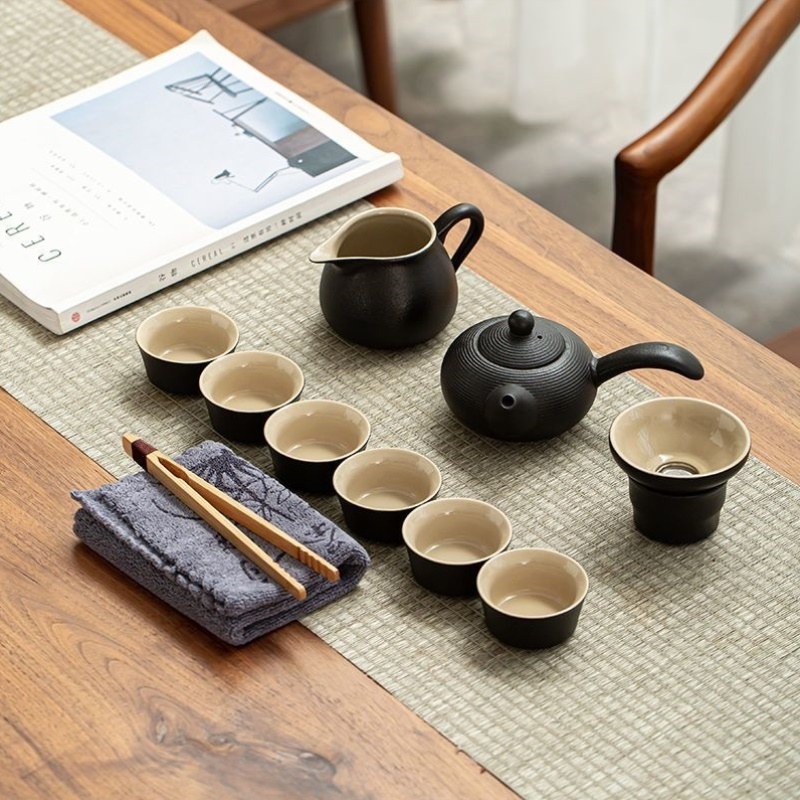黑陶提梁茶壶茶杯功夫茶具套装家用日式简约现代一壶六杯托盘茶盘