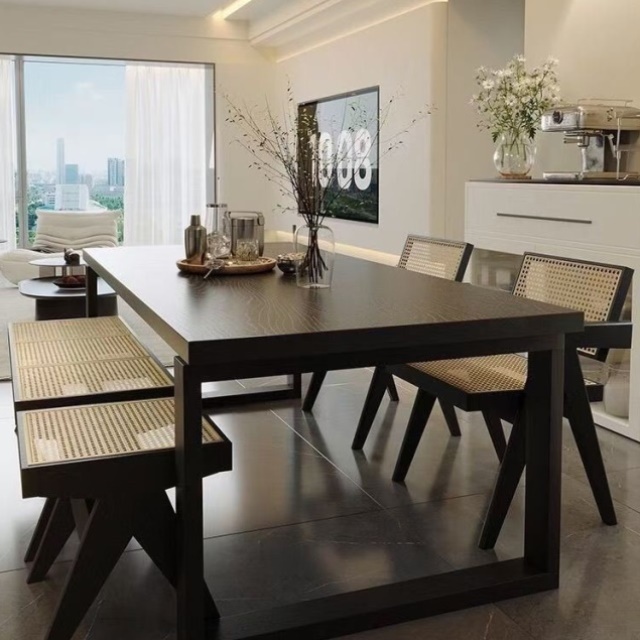 侘寂风黑色实木餐桌椅组合家用小户型长方形实木学习书桌工作台