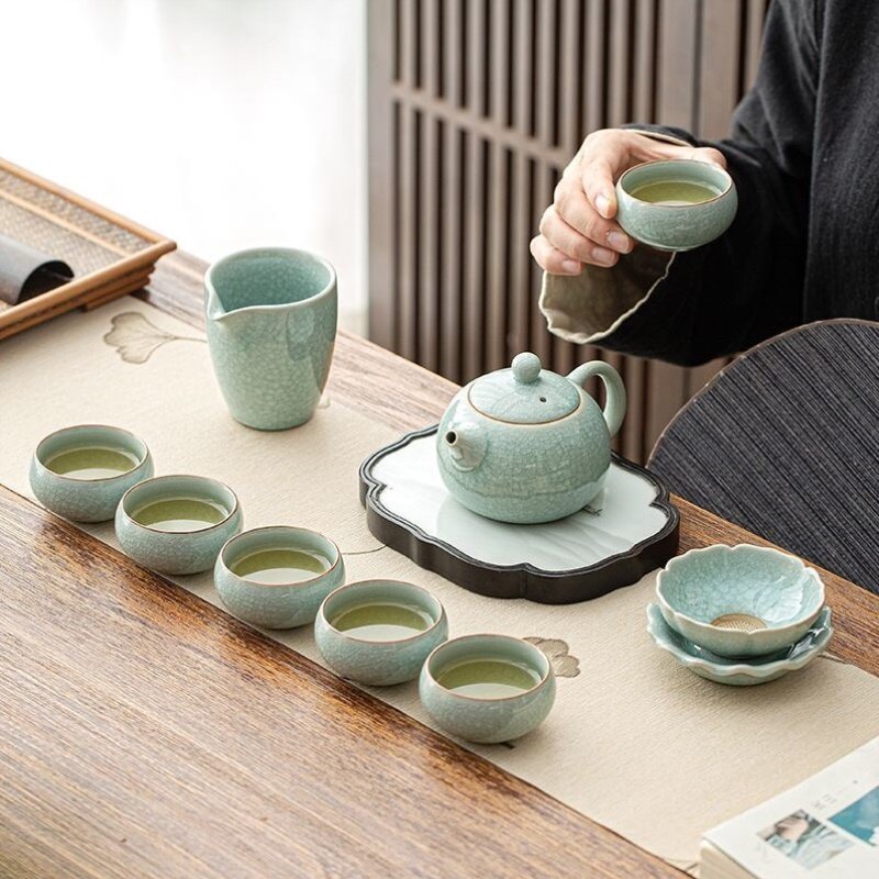 汝窑冰花功夫茶具套装家用整套开片可养陶瓷茶壶盖碗送礼礼盒装