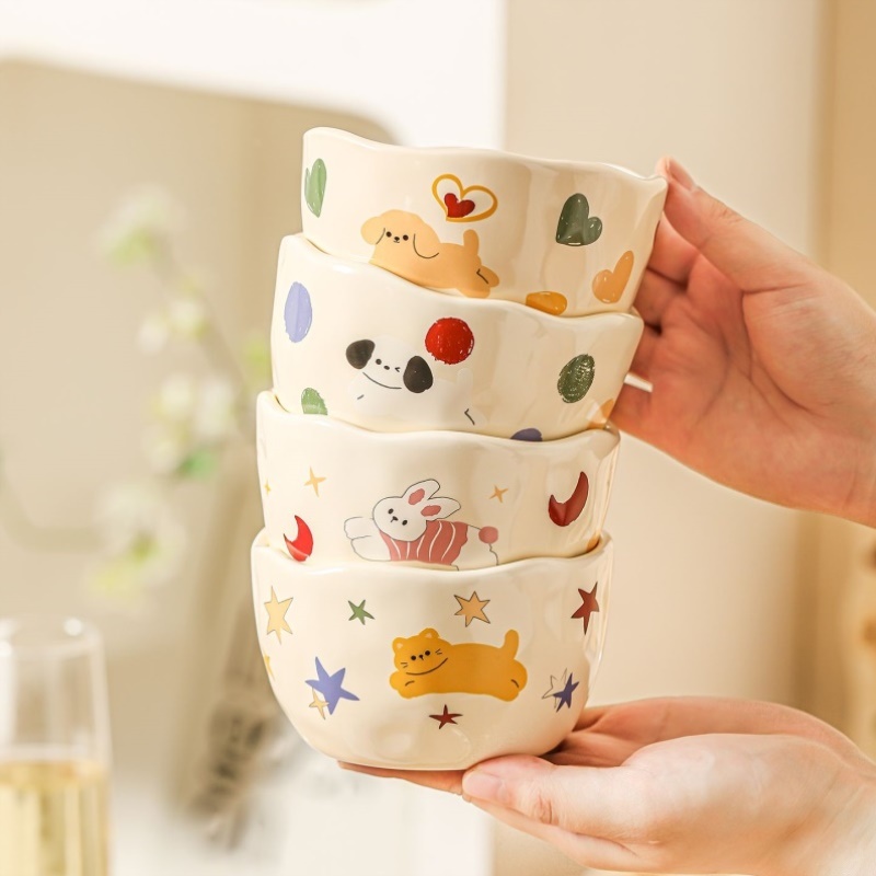 快乐萌宠陶瓷餐具套装新款卡通创意饭碗鱼盘汤碗方盘圆盘勺子筷子