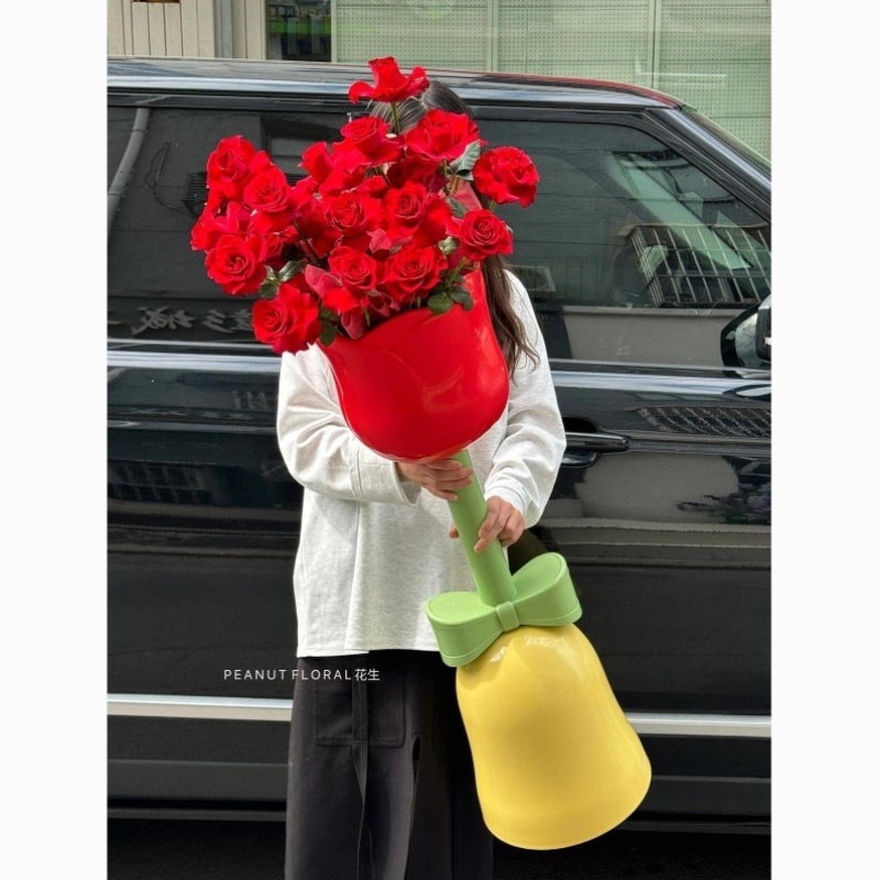 超大郁金香奶油风落地花瓶开业插花桶家居摆件装饰结婚插花筒花架