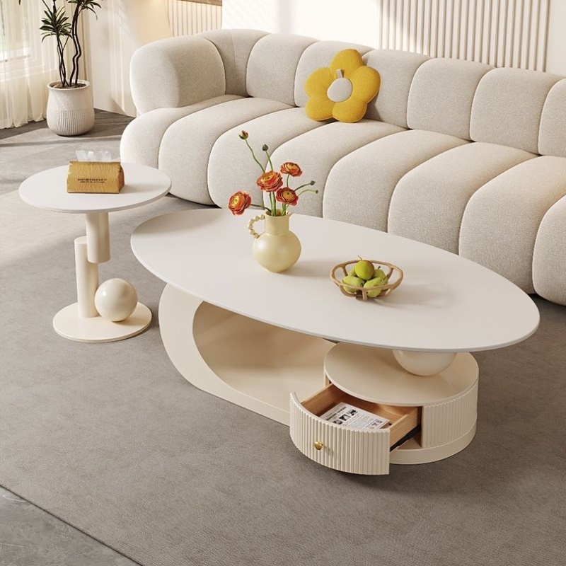 侘寂风岩板茶几客厅家用小户型椭圆形茶桌新款简约现代茶几组合