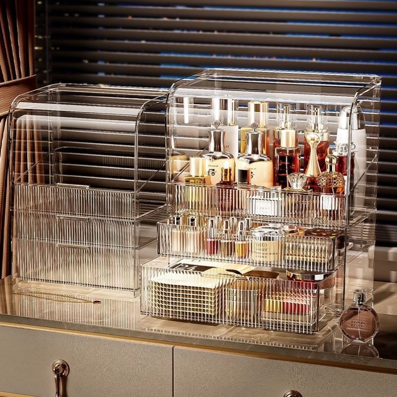 化妆品收纳盒家用桌面大容量多层防尘梳妆台透明护肤品口红置物架