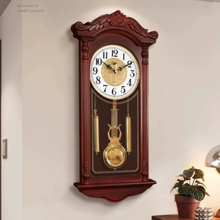中式复古老式挂钟客厅家用仿实木石英钟欧式创意静音挂墙壁时钟表