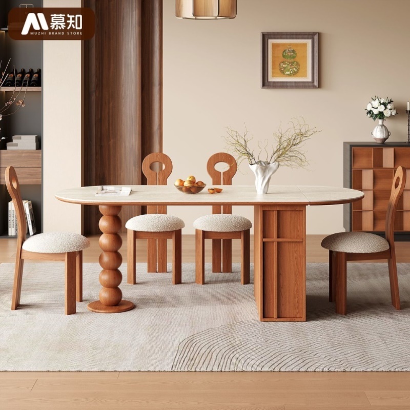 洞石岩板餐桌中古风法式复古家用吃饭桌椭圆形小户型靠墙折叠餐桌