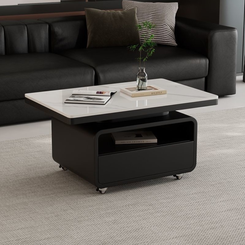 胡桃木长方形简约意式方形高级岩板茶几带滑轮可移动客厅家用户型