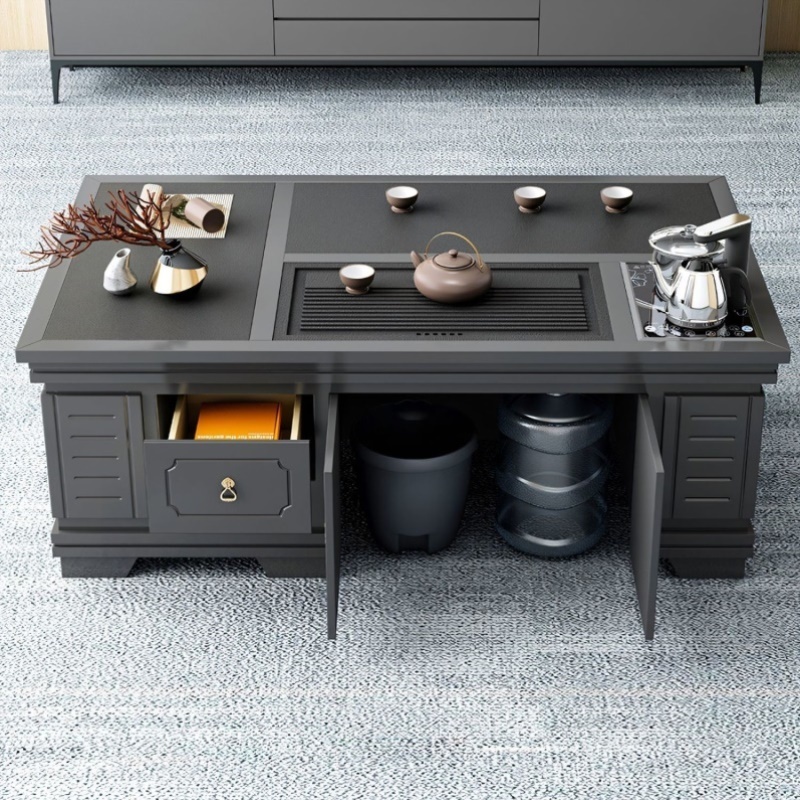 现代功夫茶几客厅家用实木泡茶台整套一体办公火烧石茶桌椅组合