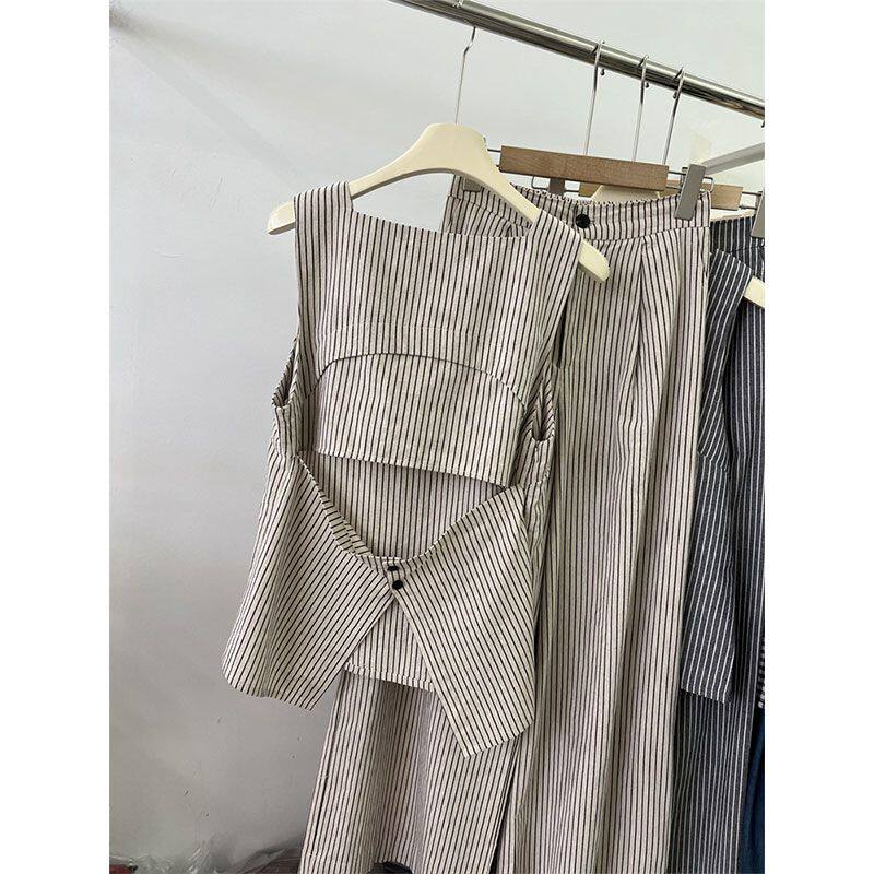 时尚套装女夏新款显瘦方领漏腰条纹无袖衬衫+阔腿长裤两件套