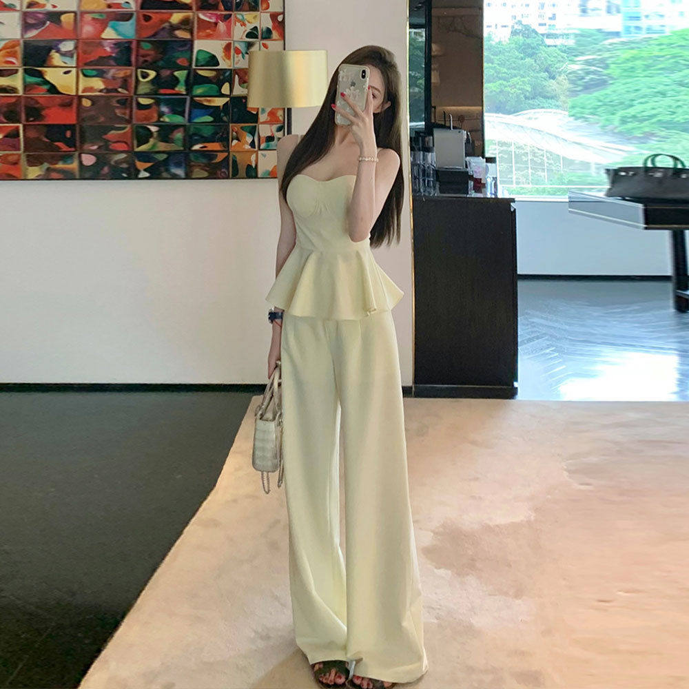 套装时尚气质性感辣妹收腰显瘦抹胸上衣阔腿长裤两件套