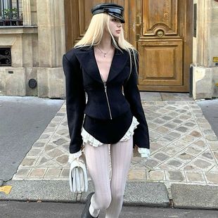 【高定】黑色收腰短款西装毛呢外套花边短裤套装