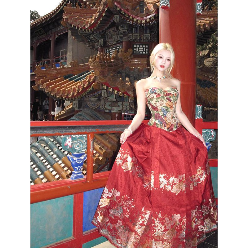 新中式晨袍礼服红色马面裙套装女夏国风抹胸鱼骨上衣半身裙两件套