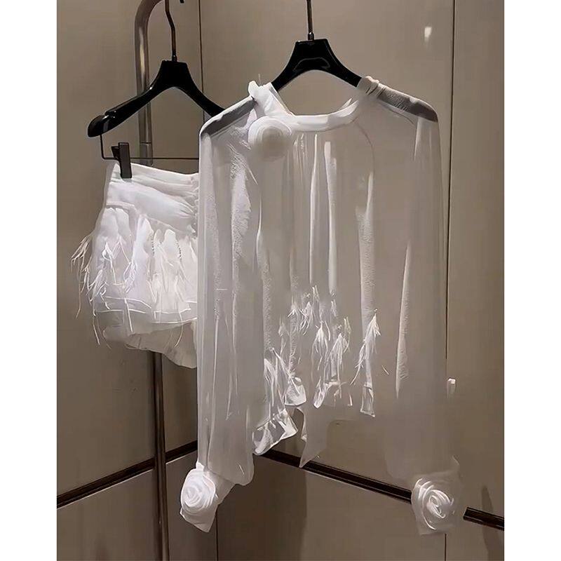 夏装搭配一整套小个子洋气减龄白色雪纺流苏花朵衬衫防晒套装裙女