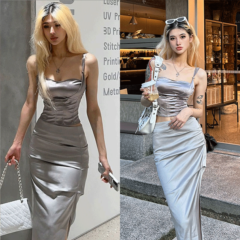 塑胸方领吊带背心两件套夏季新款金属银辣妹紧身收腰半身裙短上衣