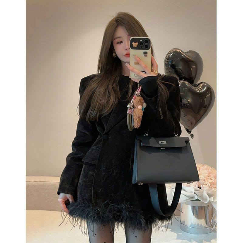 2024年黑色小香风西装女冬装新款高级感炸街气质名媛流苏上衣外套