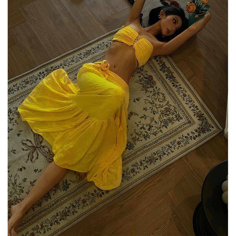 南法风情blingbling亮闪闪套装褶皱绑带抹胸小背心礼服沙滩半身裙