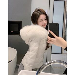 大毛领白色羽绒棉服女冬季2023短款收腰棉袄显瘦修身保暖外套女