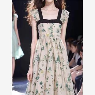 方领新款法式高端精致长裙气质清新夏日印花碎花复古连衣裙子女夏