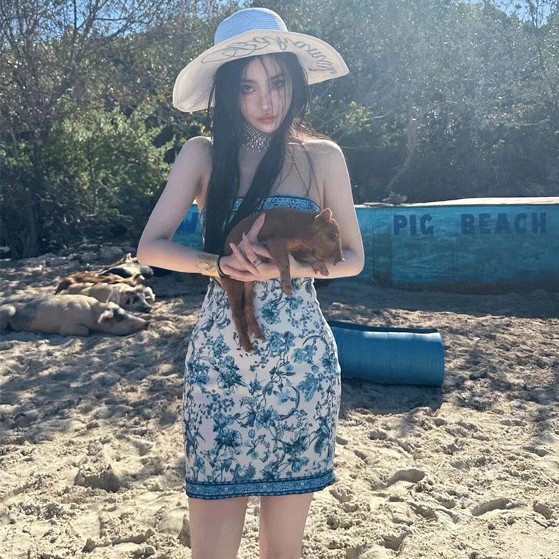 青花瓷印花抹胸连衣裙名