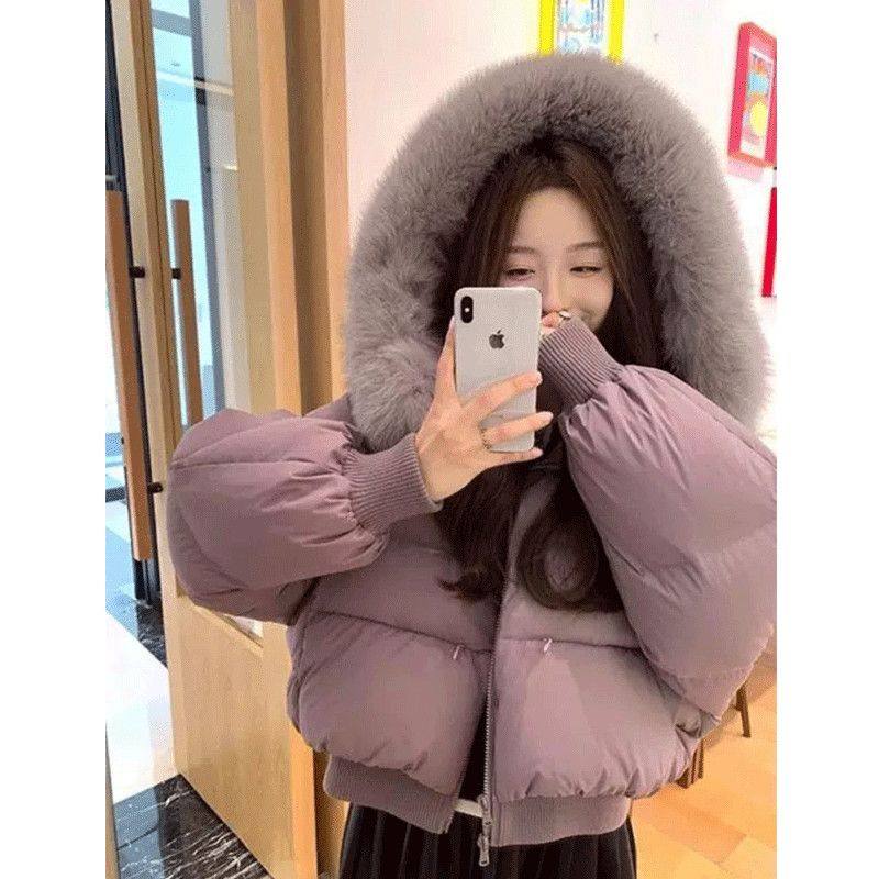 狐狸毛领连帽短款90白鸭绒羽绒服小个子女冬季面包服