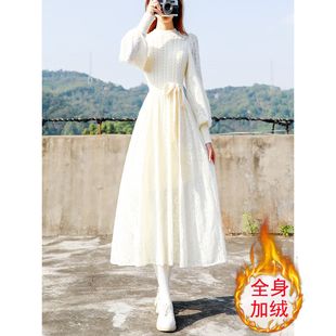 加绒加厚2023新法式赫本风蕾丝连衣裙假两件毛衣裙长款配大衣裙子