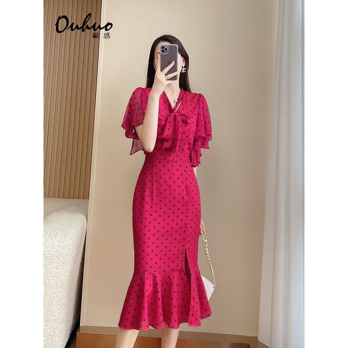 2024新款夏季蝴蝶结连衣裙女红色波点高级感显瘦绝美收腰鱼尾裙