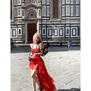 流浪版rose/自带胸垫重工蕾丝吊带裙松紧腰拖尾半裙套装夏季